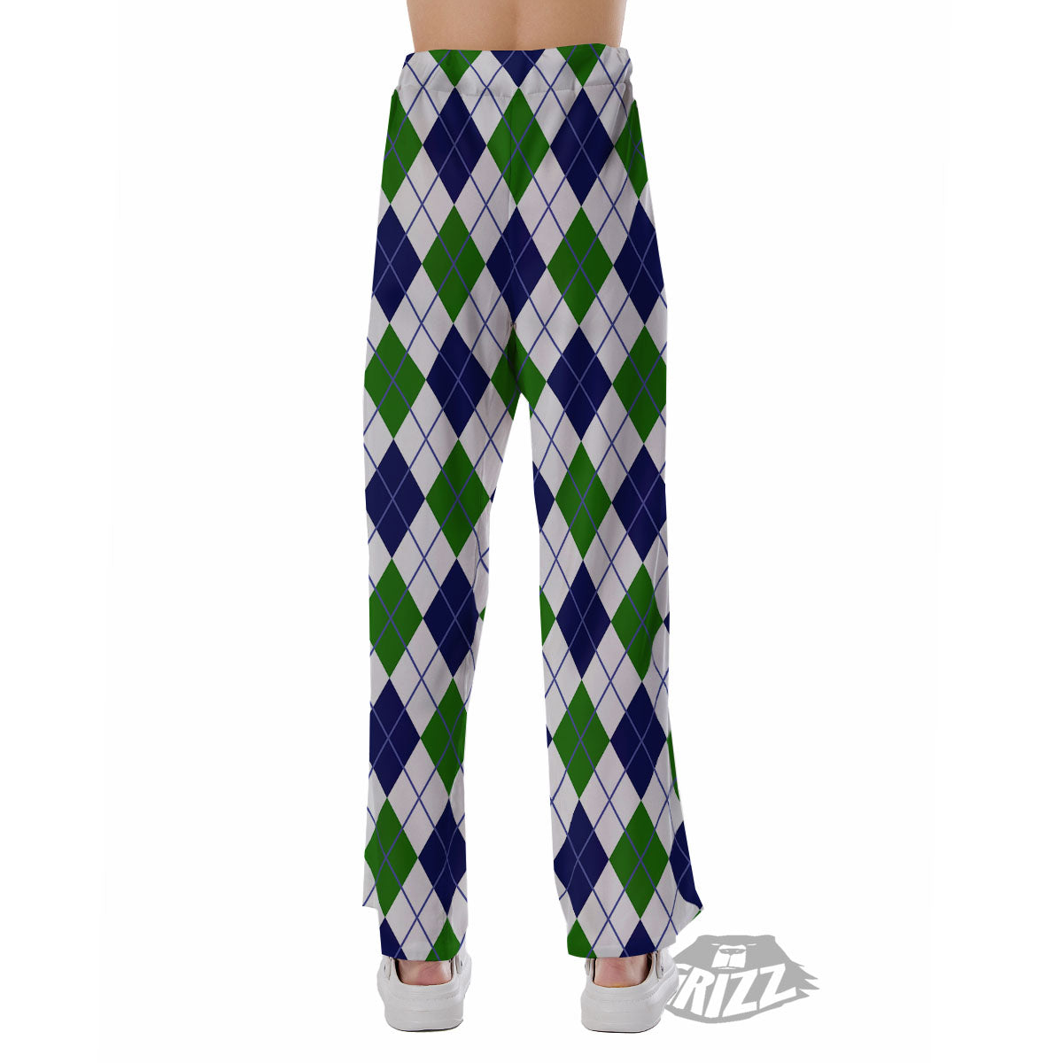 White Green And Navy Argyle Print Pajama Pants-grizzshop