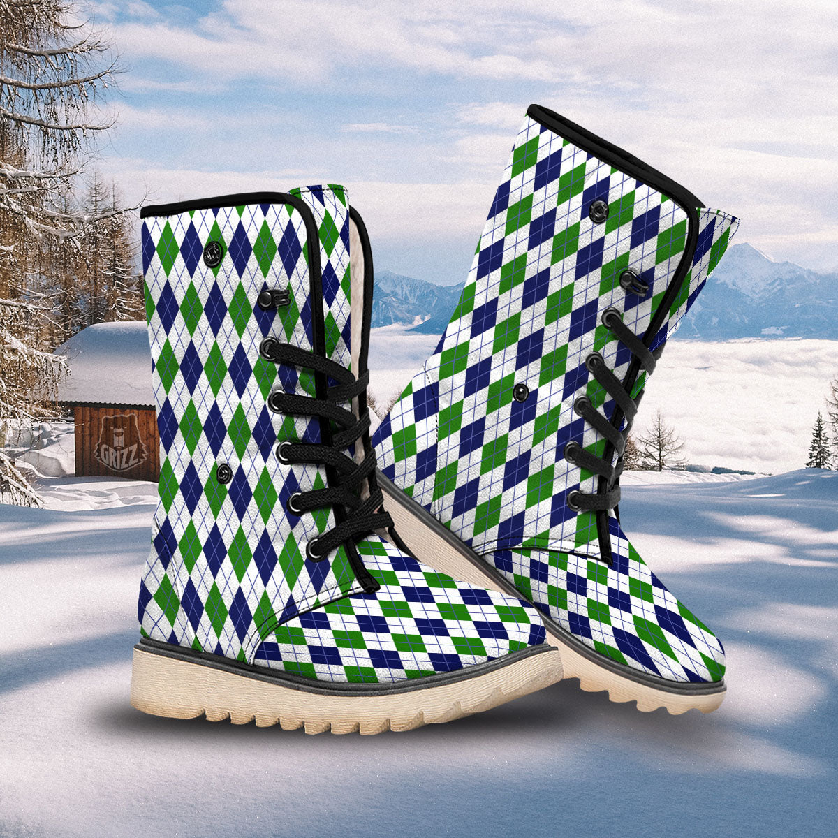 White Green And Navy Argyle Print Snow Boots-grizzshop