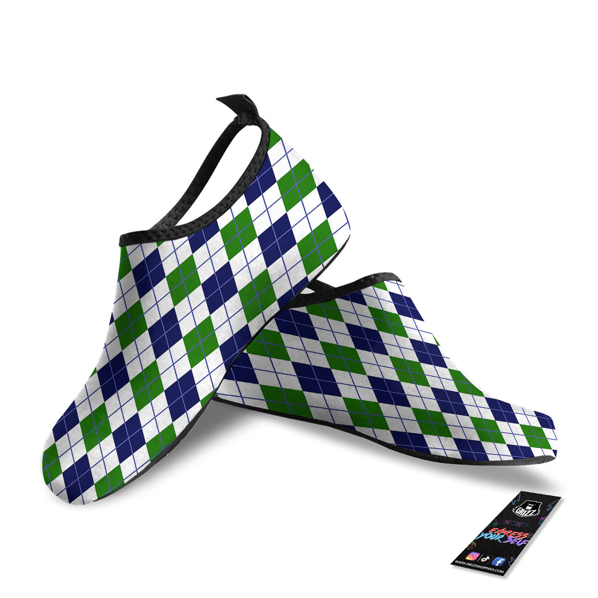 White Green And Navy Argyle Print Water Shoes-grizzshop
