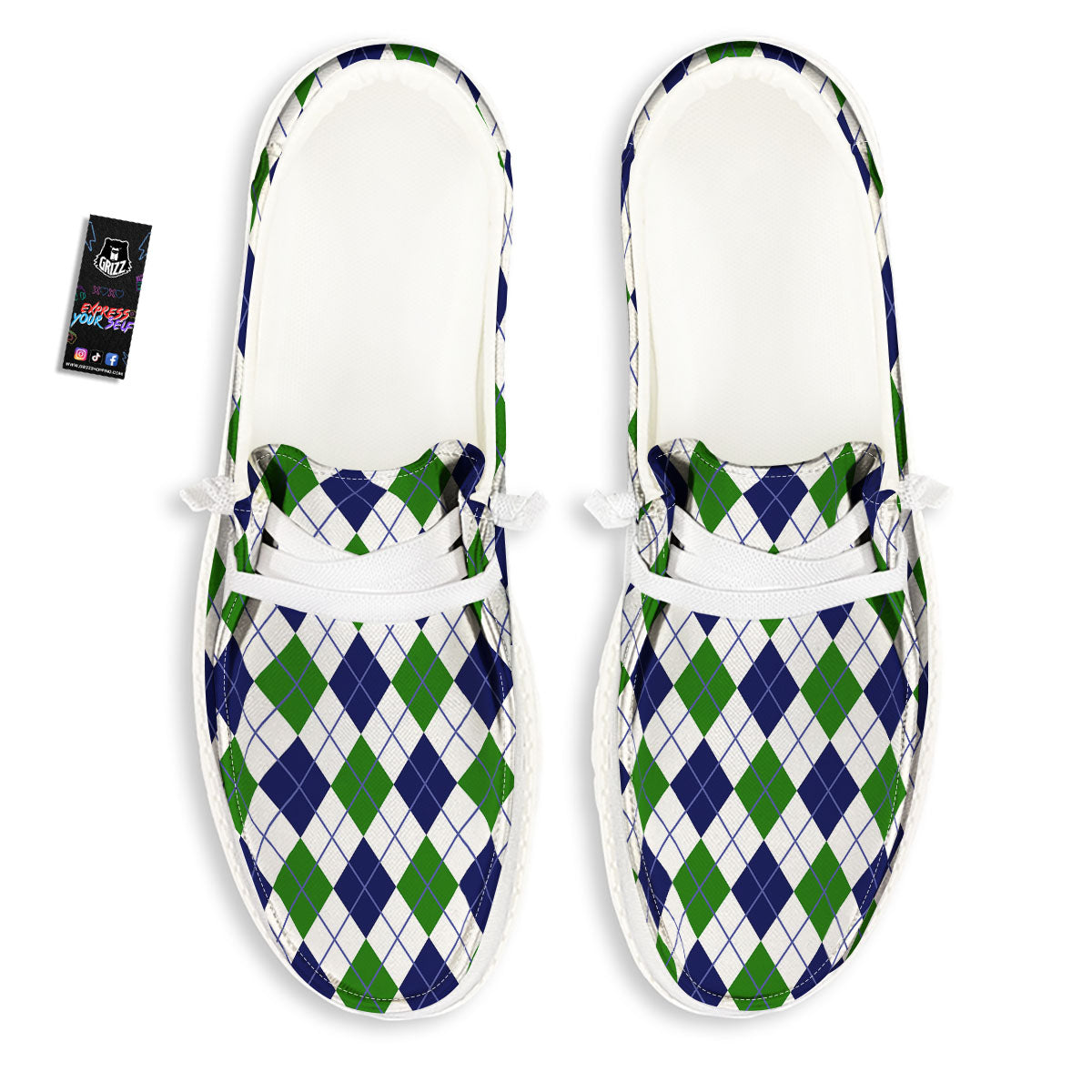 White Green And Navy Argyle Print White Loafers-grizzshop