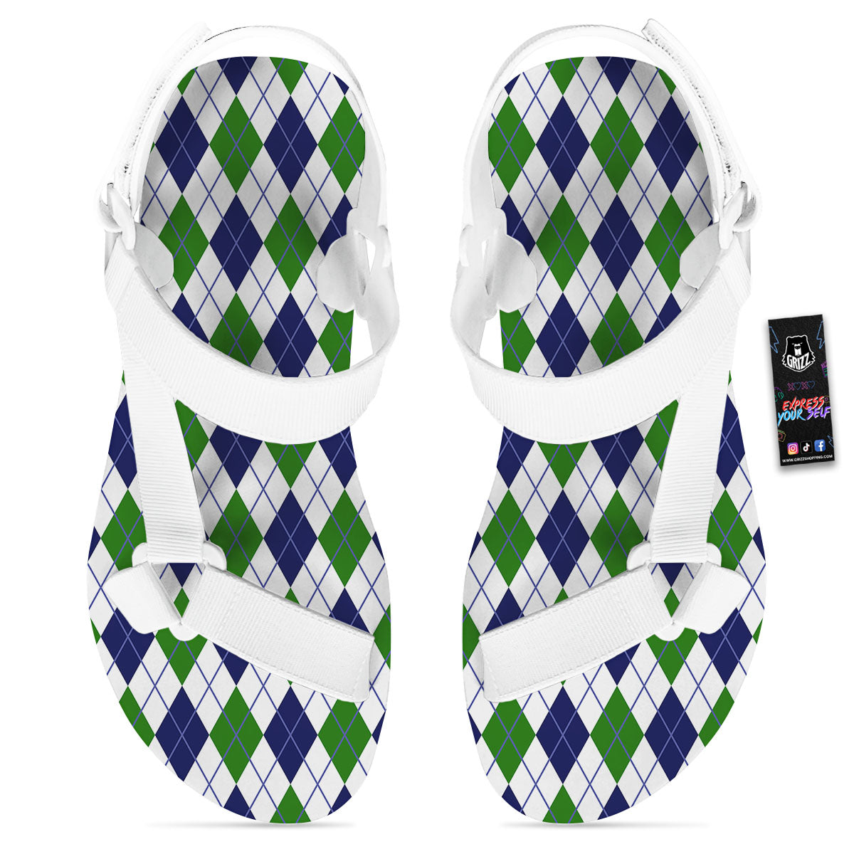 White Green And Navy Argyle Print White Open Toe Sandals-grizzshop