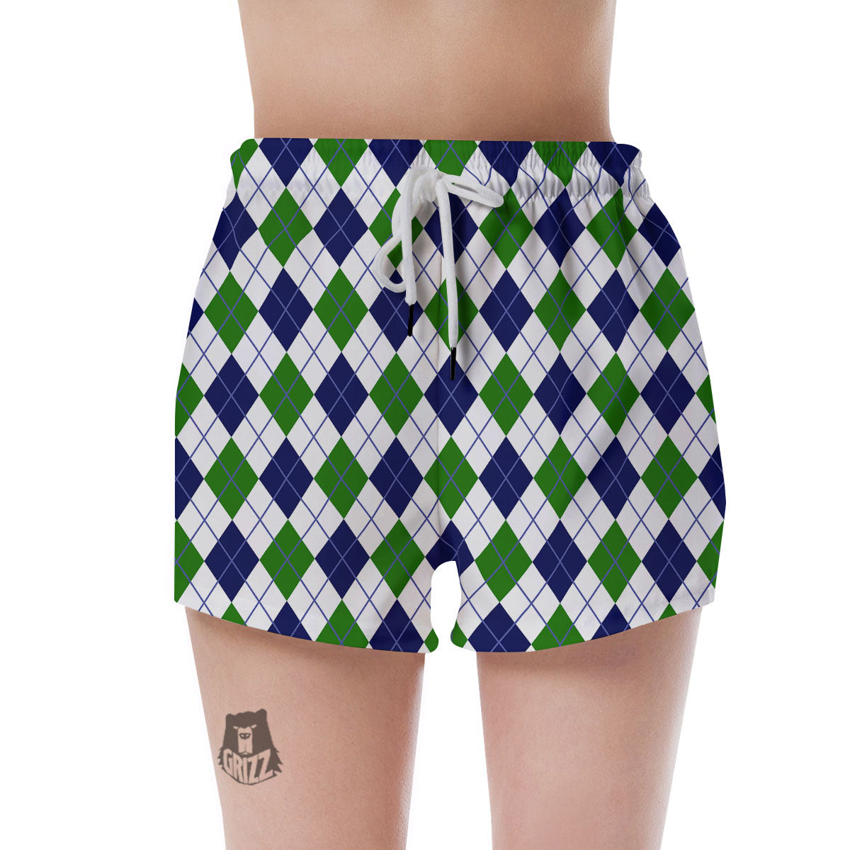 White Green And Navy Argyle Print Women's Shorts-grizzshop