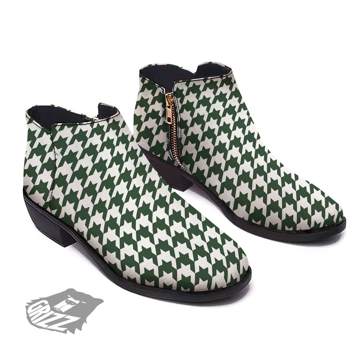 White Green Jungle Houndstooth Print Ankle Boots-grizzshop