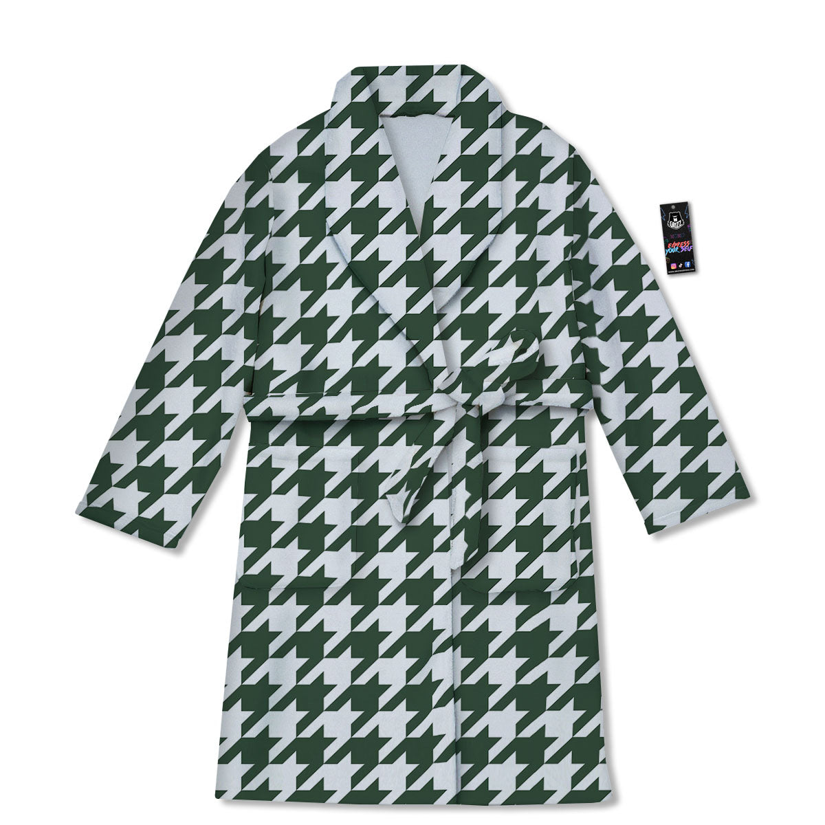 White Green Jungle Houndstooth Print Bathrobe-grizzshop