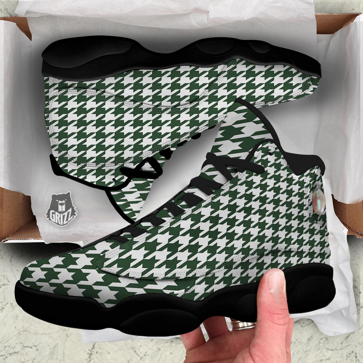 White Green Jungle Houndstooth Print Black Basketball Shoes-grizzshop