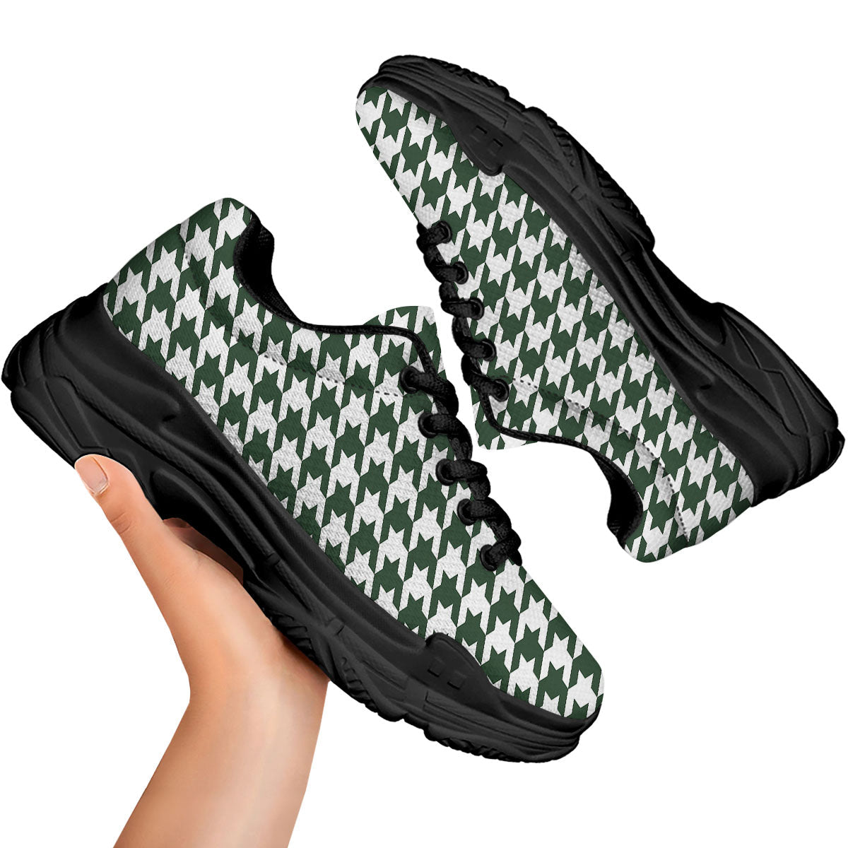White Green Jungle Houndstooth Print Black Chunky Shoes-grizzshop