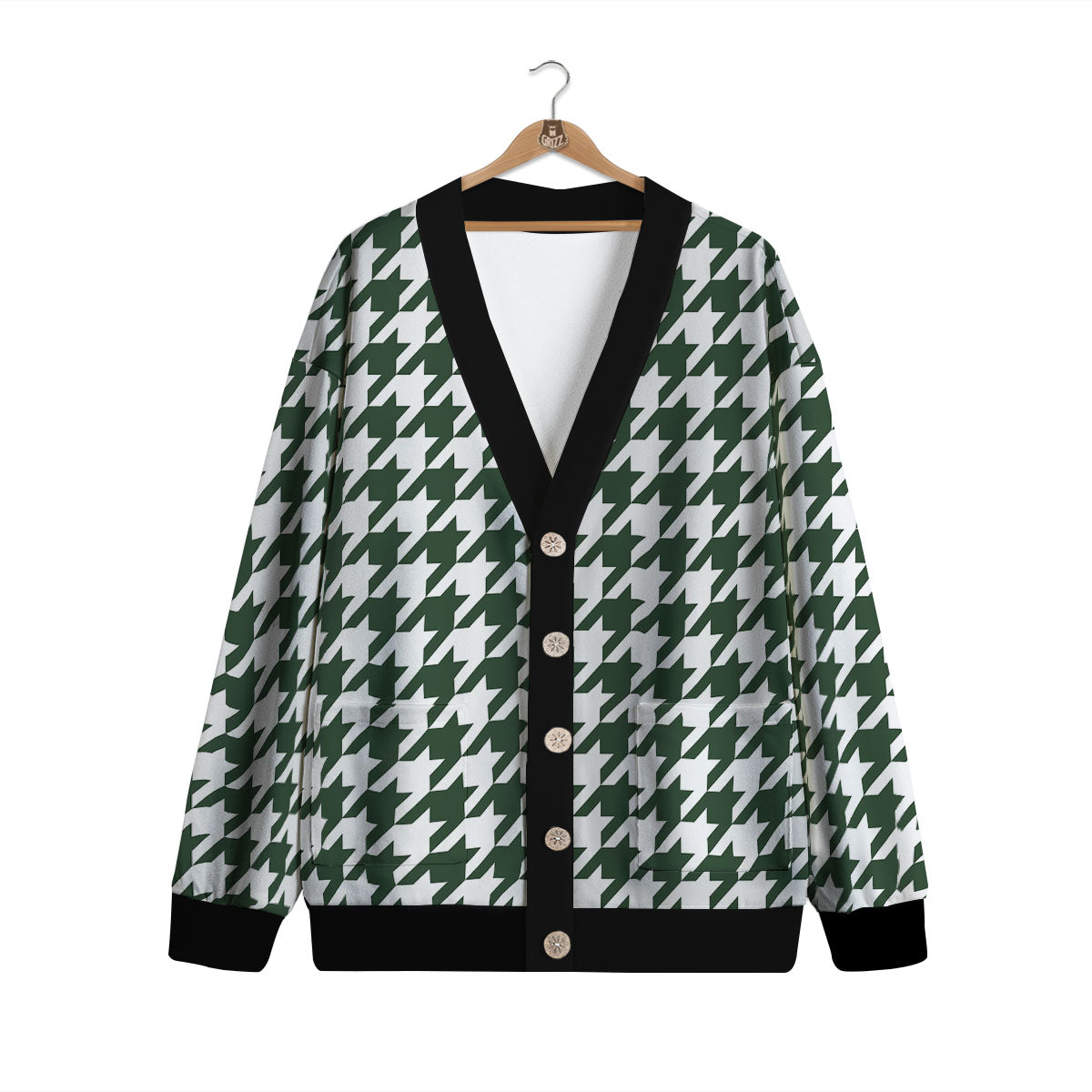 White Green Jungle Houndstooth Print Cardigan-grizzshop