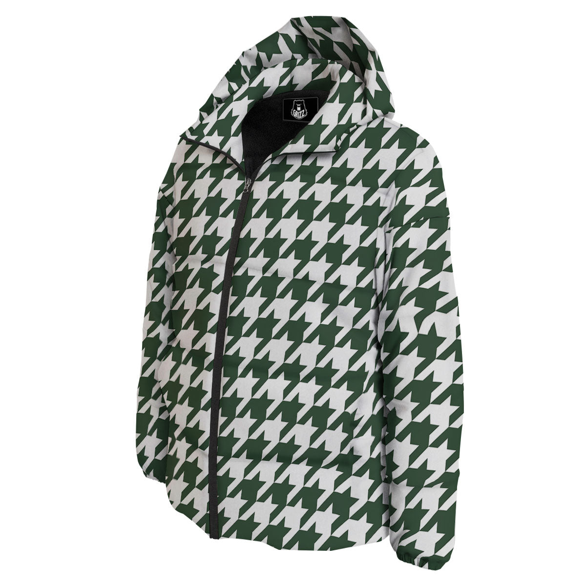 White Green Jungle Houndstooth Print Down Jacket-grizzshop