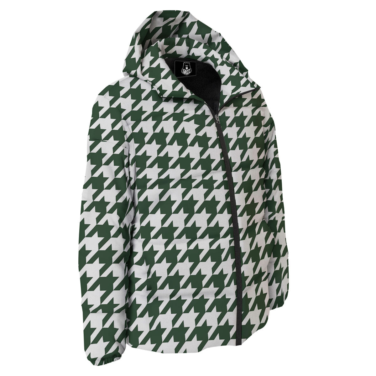 White Green Jungle Houndstooth Print Down Jacket-grizzshop