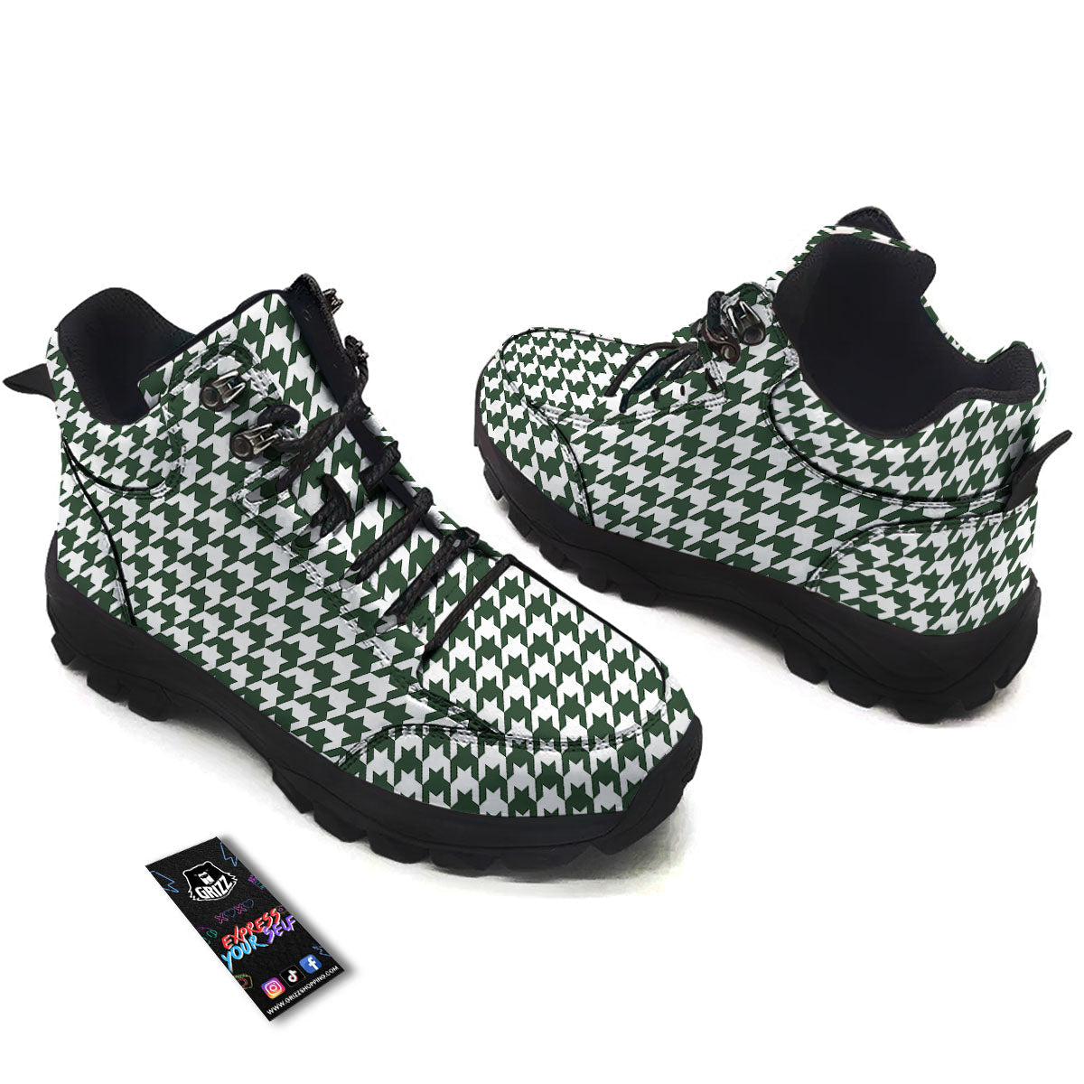 White Green Jungle Houndstooth Print Hiking Shoes-grizzshop