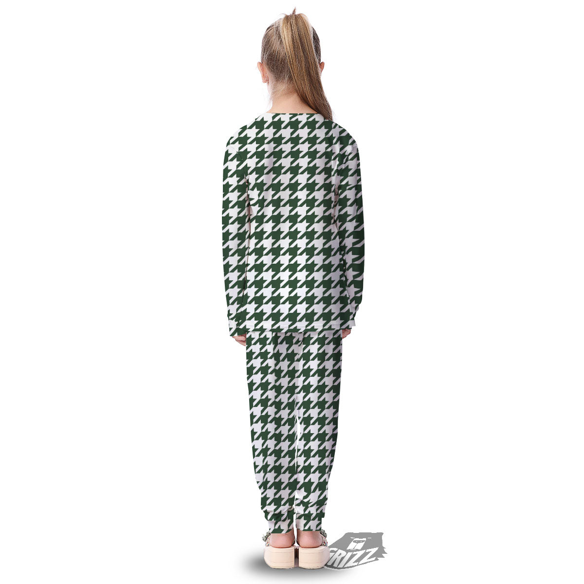 White Green Jungle Houndstooth Print Kid's Pajamas-grizzshop