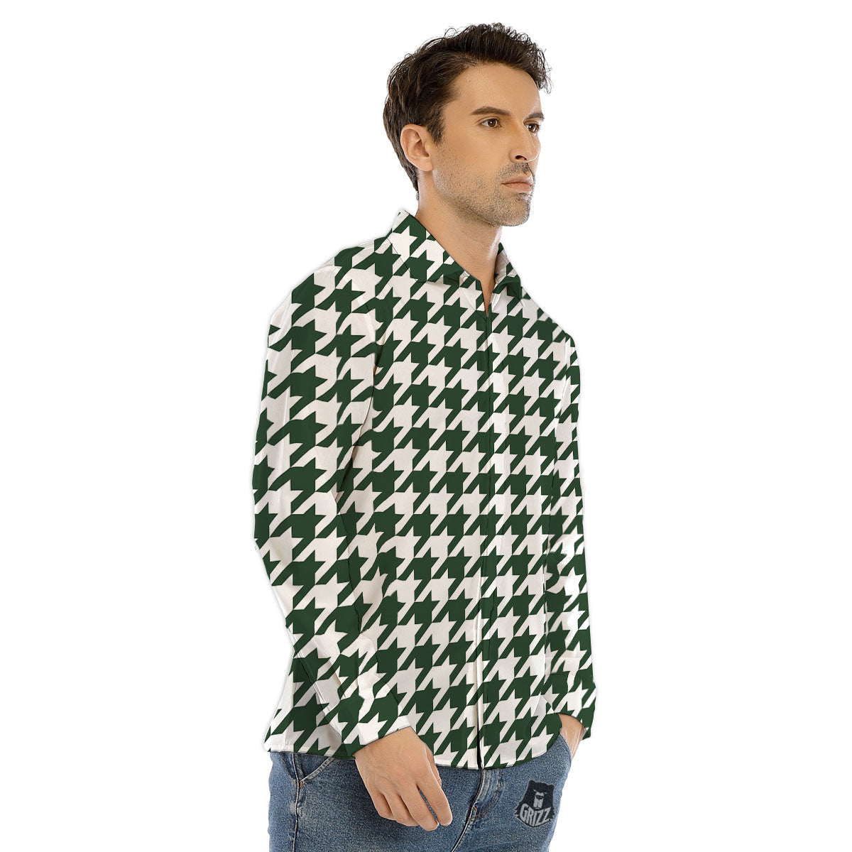 White Green Jungle Houndstooth Print Men's Dress Shirts-grizzshop