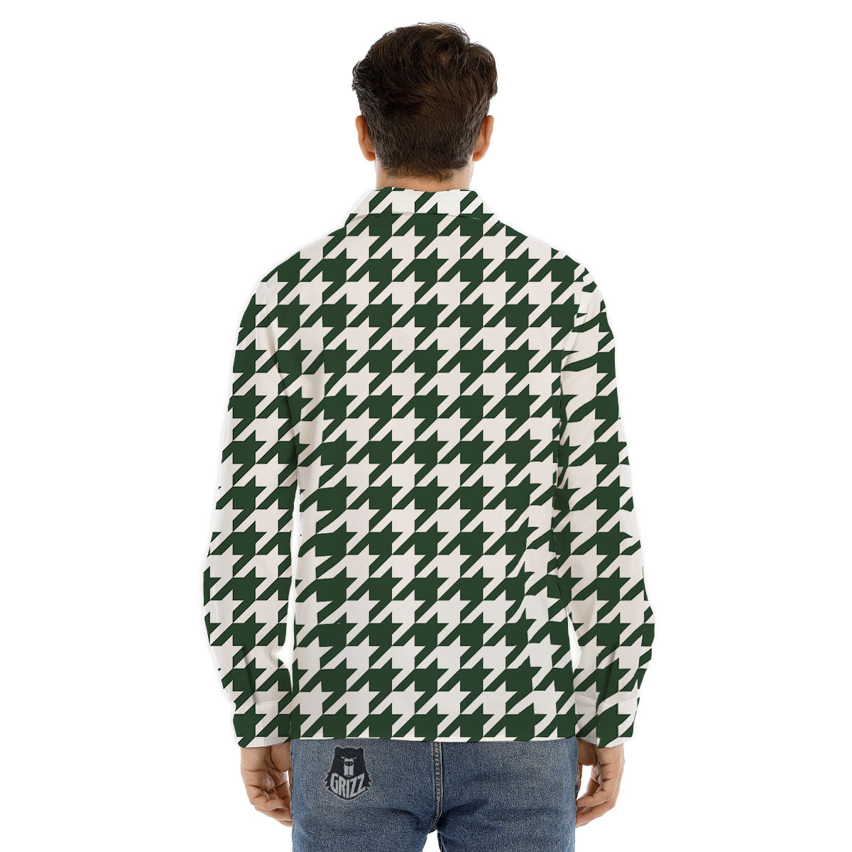 White Green Jungle Houndstooth Print Men's Dress Shirts-grizzshop