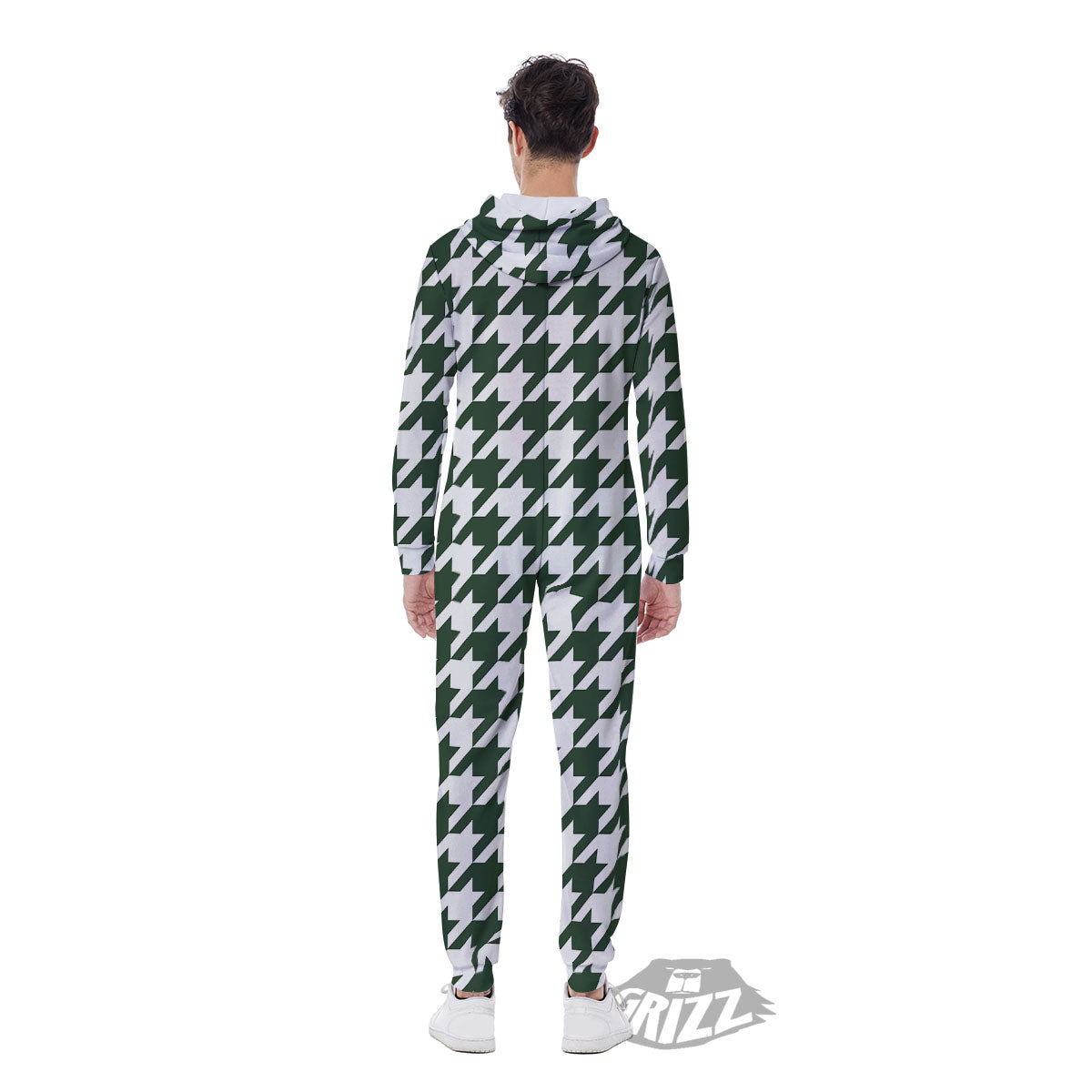 White Green Jungle Houndstooth Print Men's Jumpsuit-grizzshop