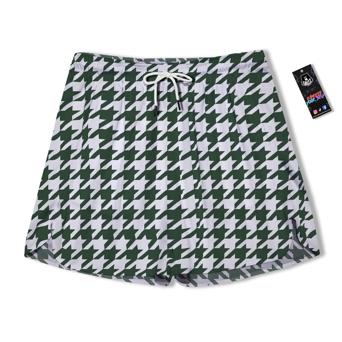 White Green Jungle Houndstooth Print Men's Running Shorts-grizzshop