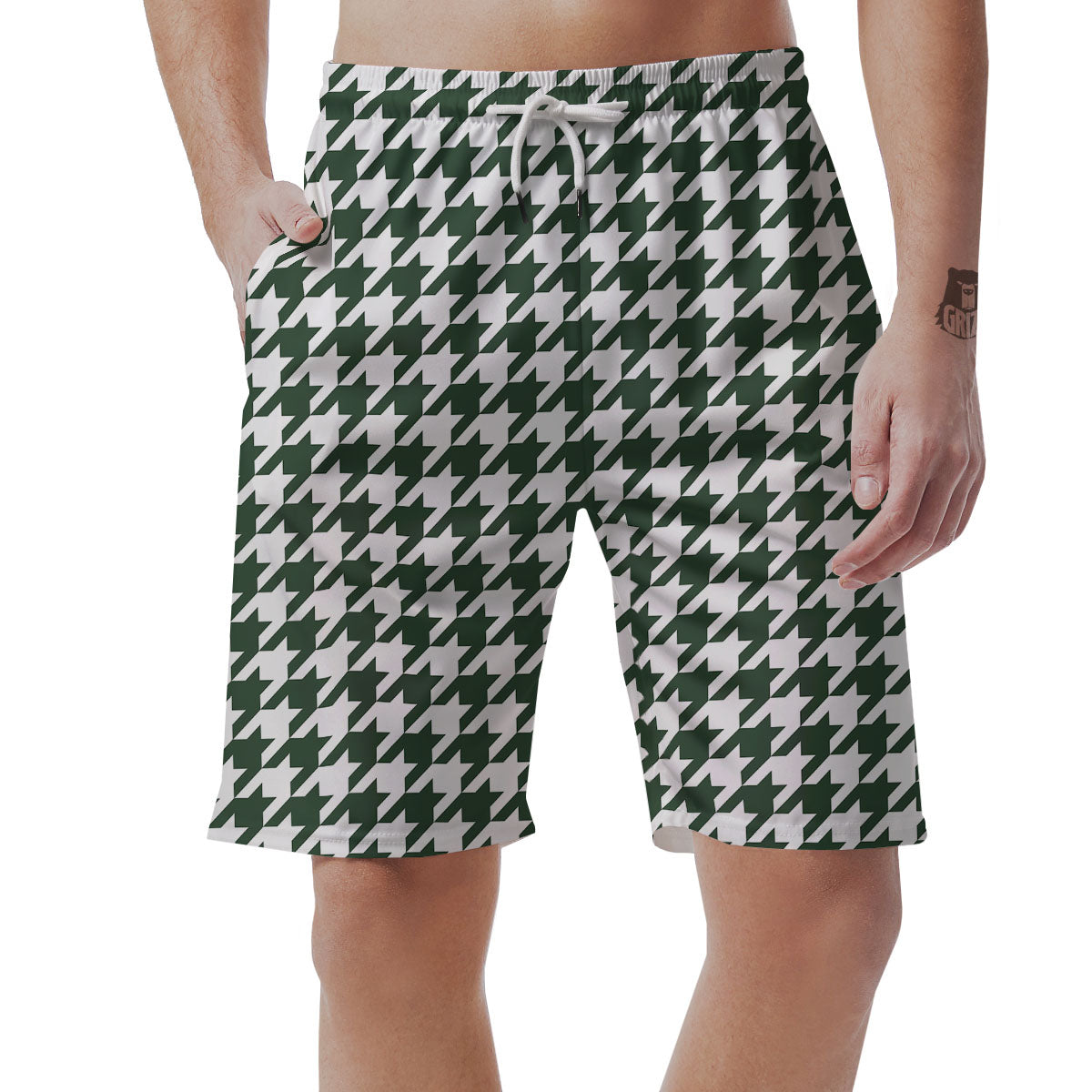 White Green Jungle Houndstooth Print Men's Shorts-grizzshop