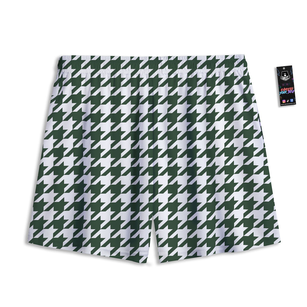 White Green Jungle Houndstooth Print Mesh Shorts