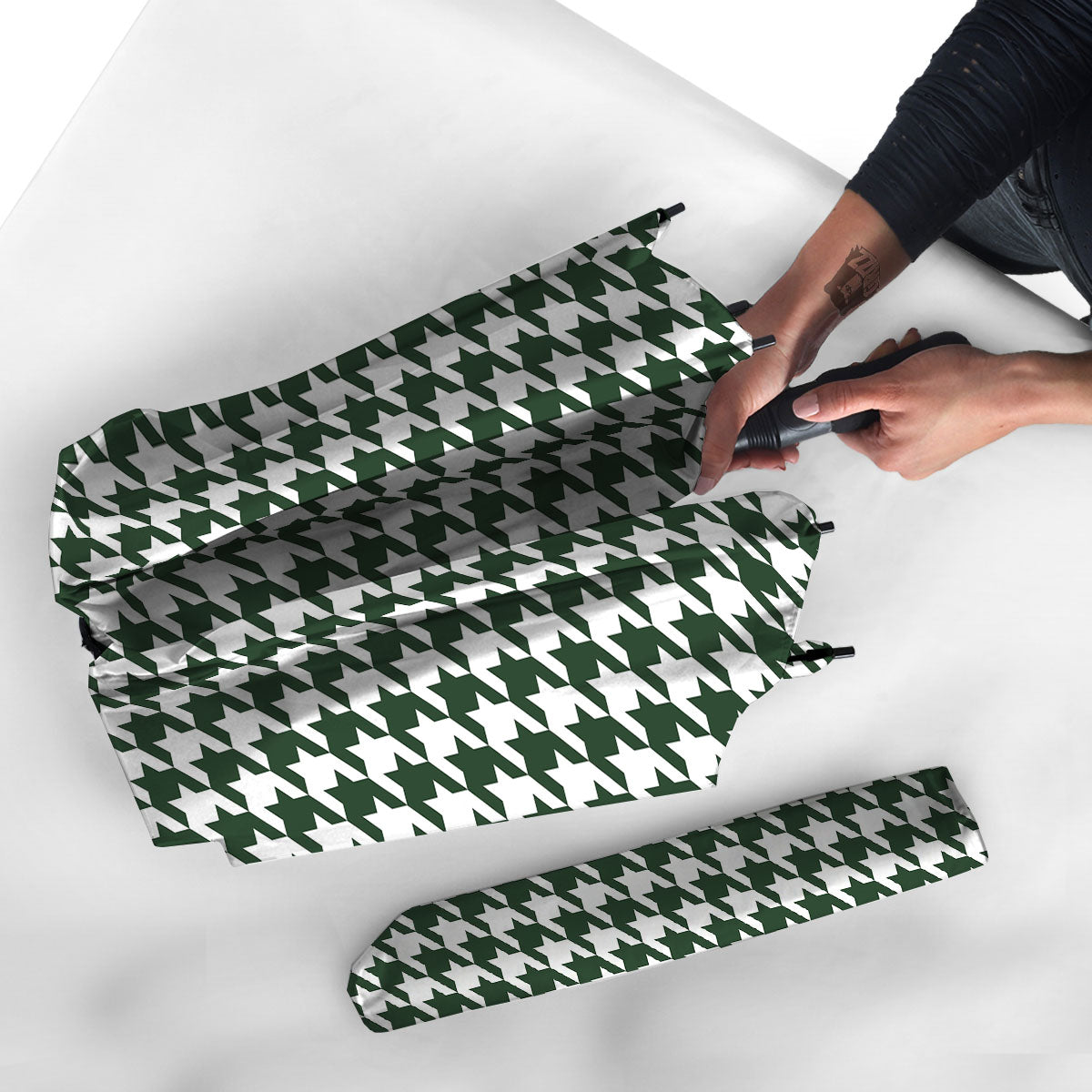 White Green Jungle Houndstooth Print Umbrella-grizzshop
