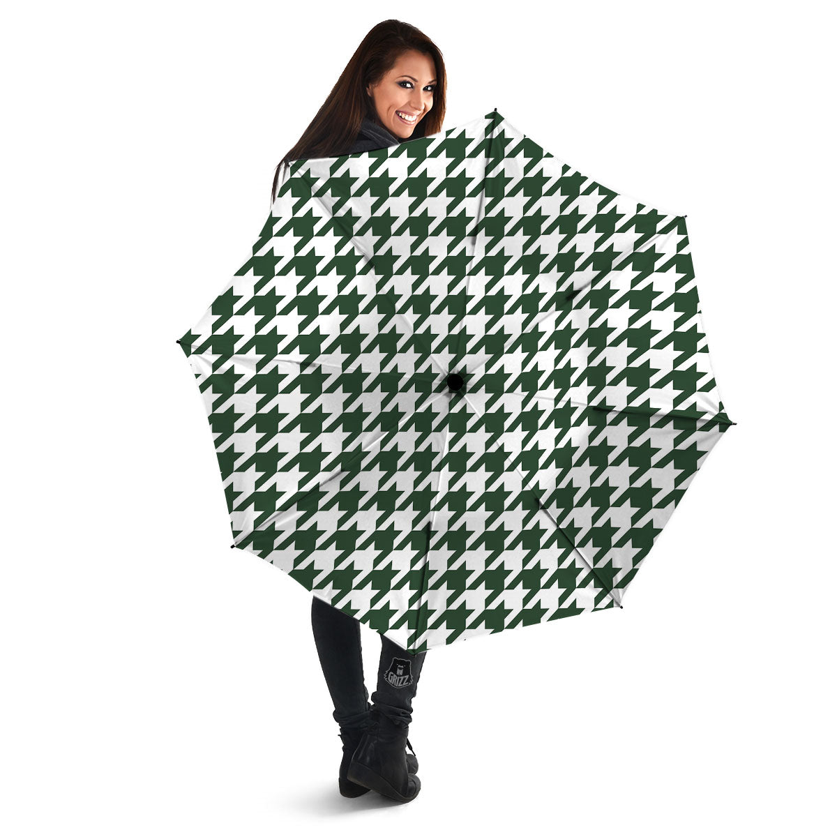 White Green Jungle Houndstooth Print Umbrella-grizzshop