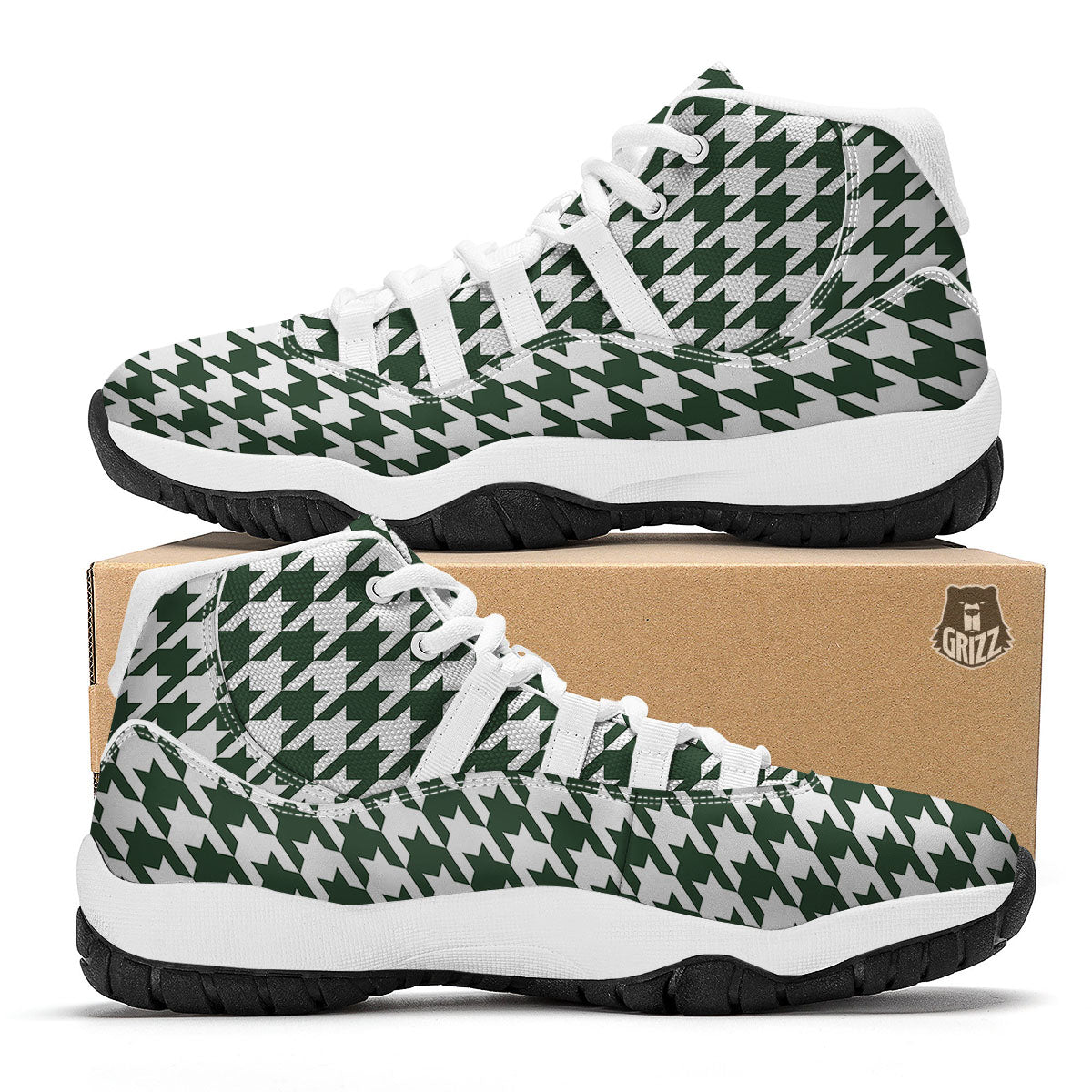 White Green Jungle Houndstooth Print White Bball Shoes-grizzshop