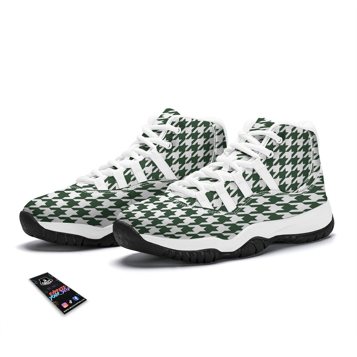 White Green Jungle Houndstooth Print White Bball Shoes-grizzshop