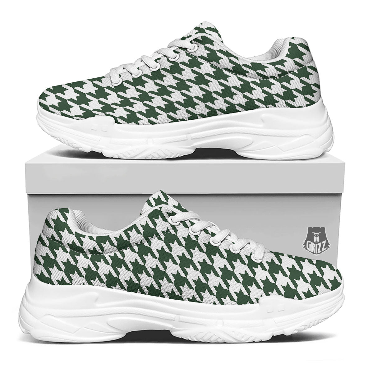 White Green Jungle Houndstooth Print White Chunky Shoes-grizzshop
