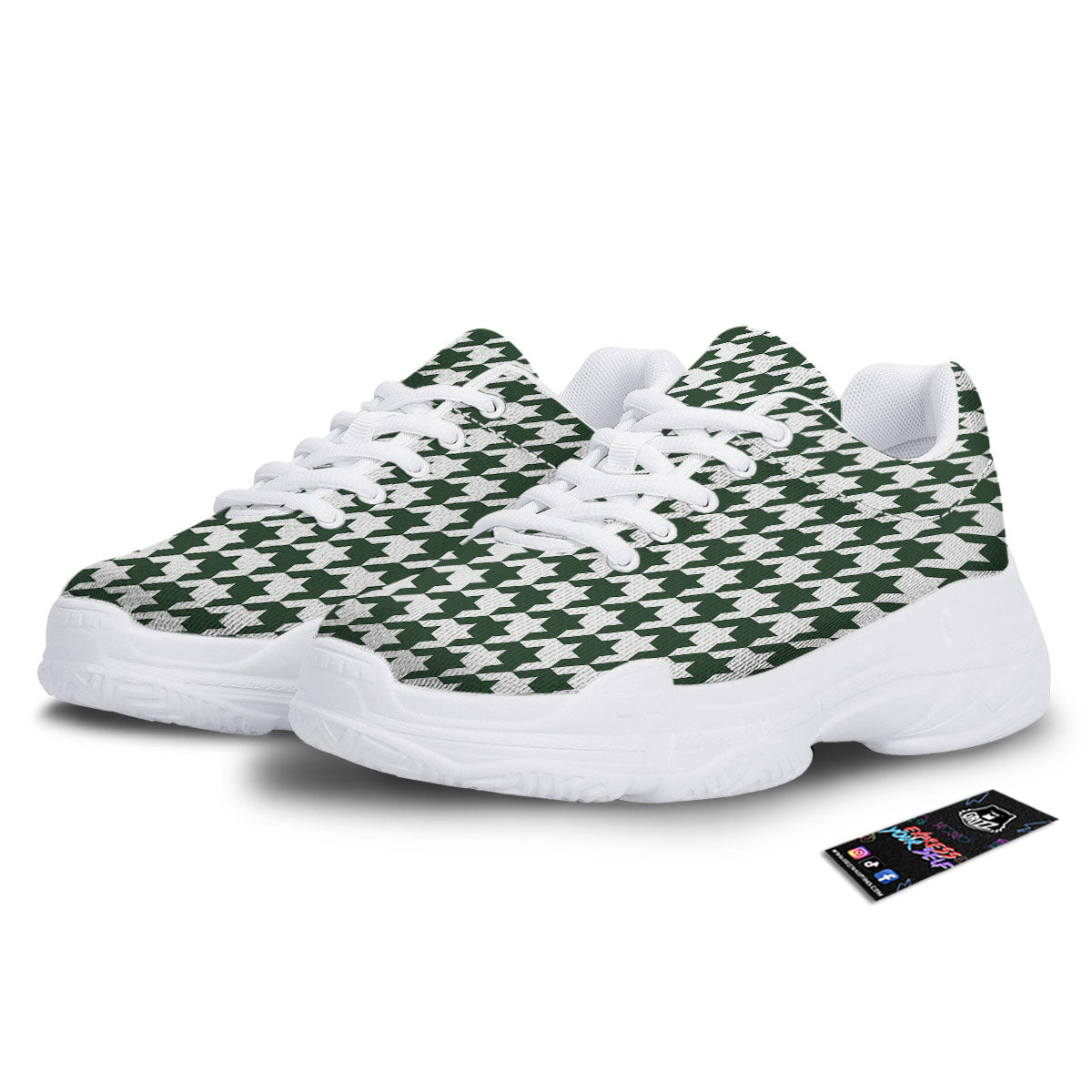 White Green Jungle Houndstooth Print White Chunky Shoes-grizzshop