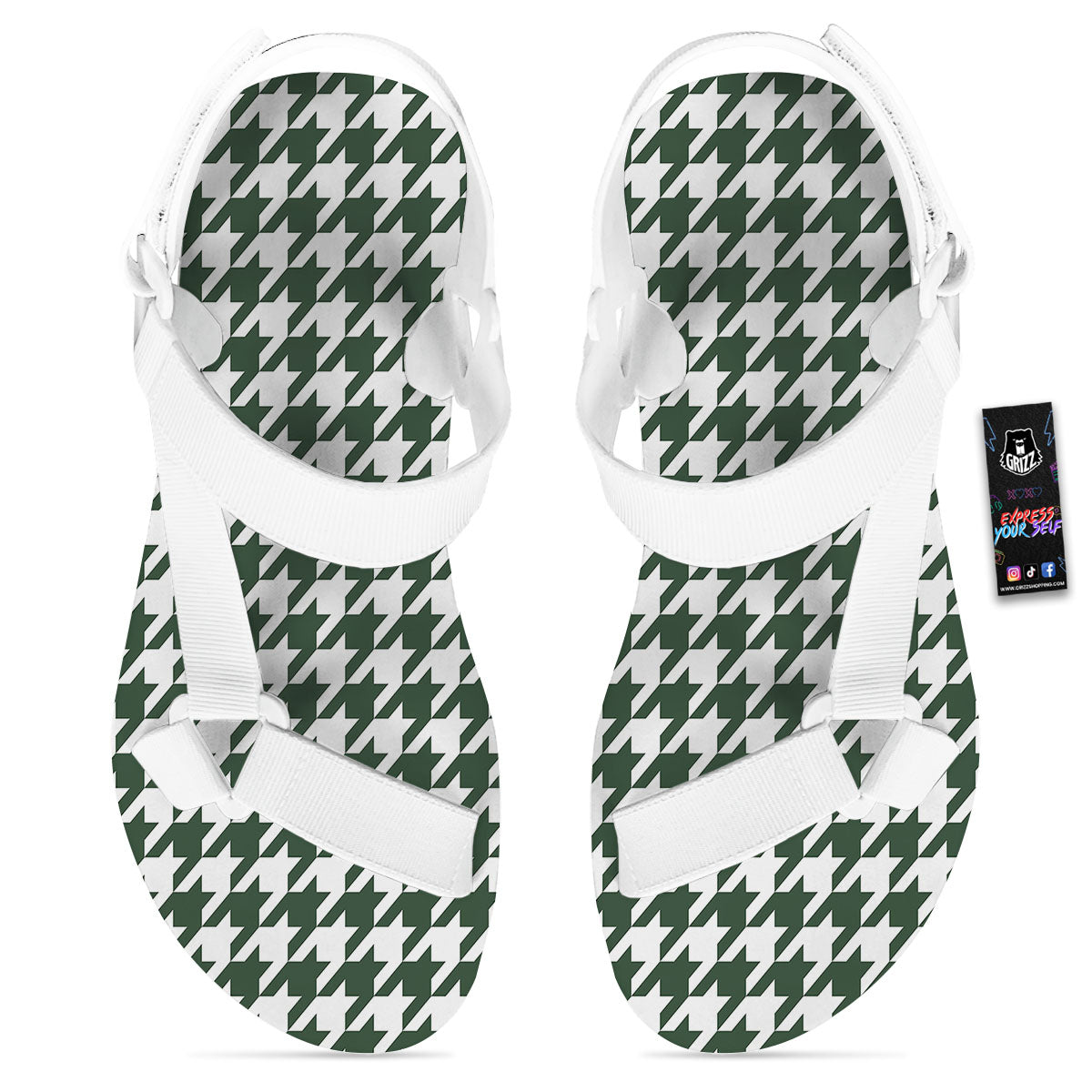 White Green Jungle Houndstooth Print White Open Toe Sandals-grizzshop