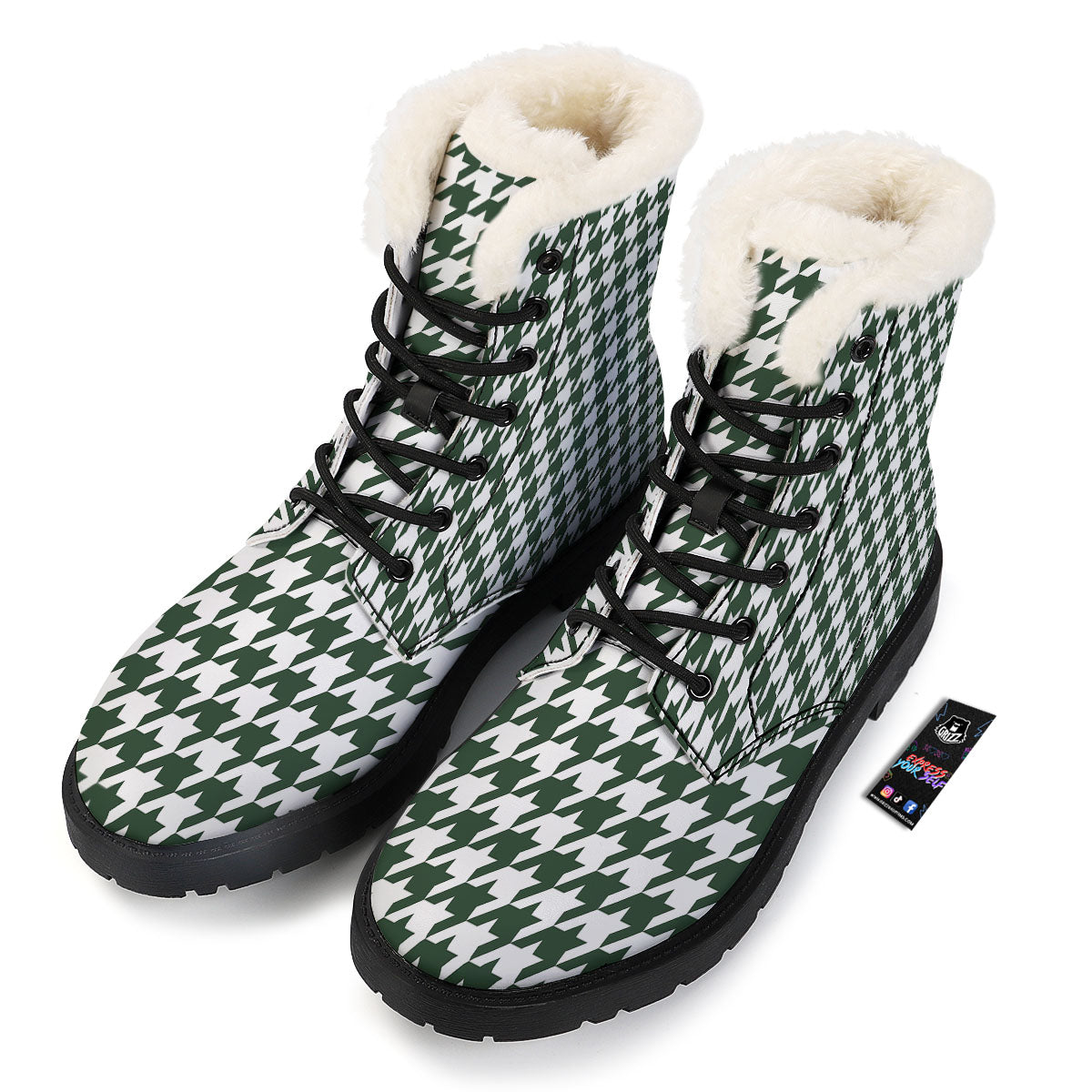 White Green Jungle Houndstooth Print Winter Boots-grizzshop