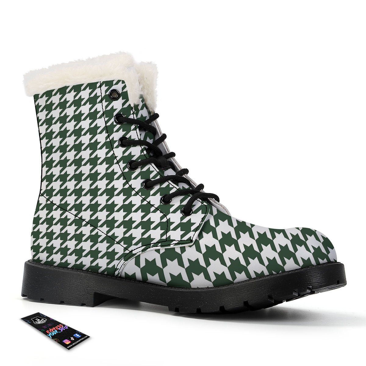 White Green Jungle Houndstooth Print Winter Boots-grizzshop