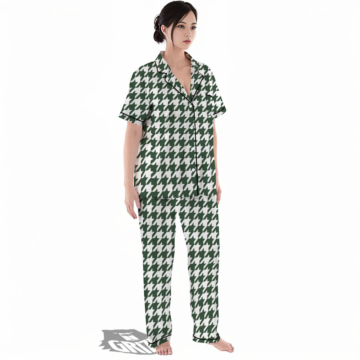 White Green Jungle Houndstooth Print Women's Pajamas Set-grizzshop