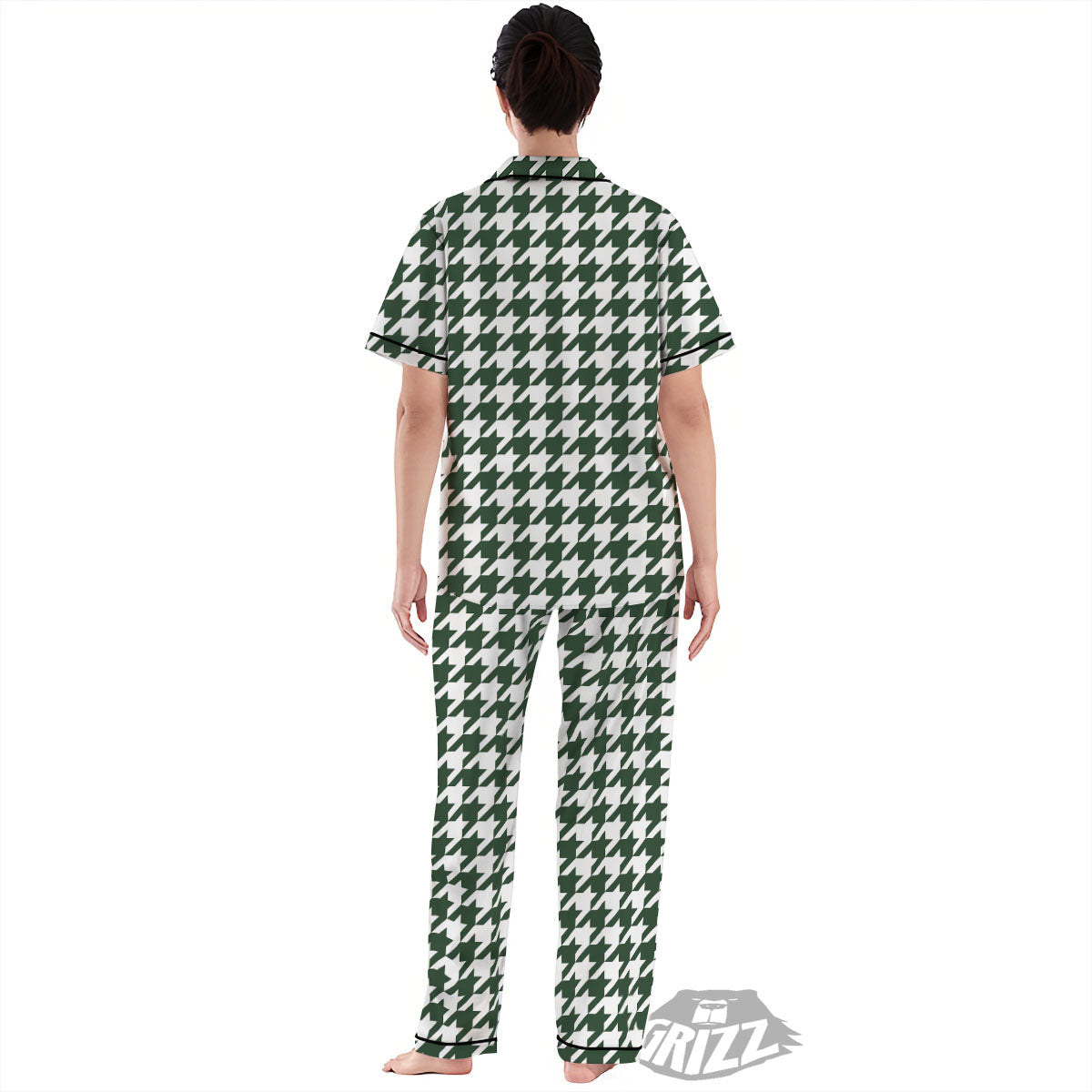 White Green Jungle Houndstooth Print Women's Pajamas Set-grizzshop