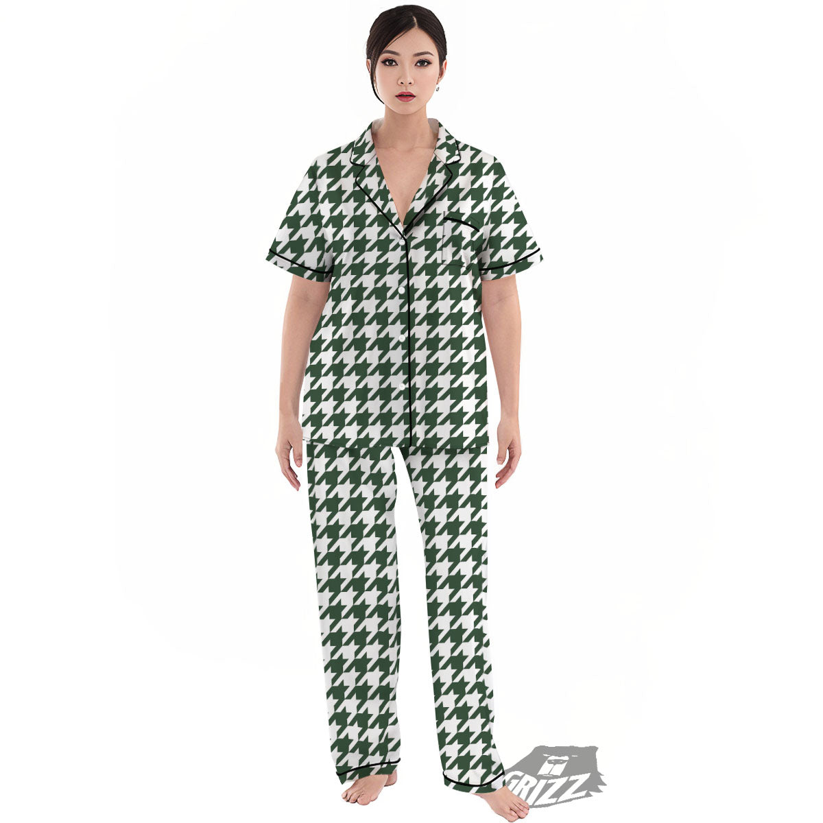 White Green Jungle Houndstooth Print Women's Pajamas Set-grizzshop