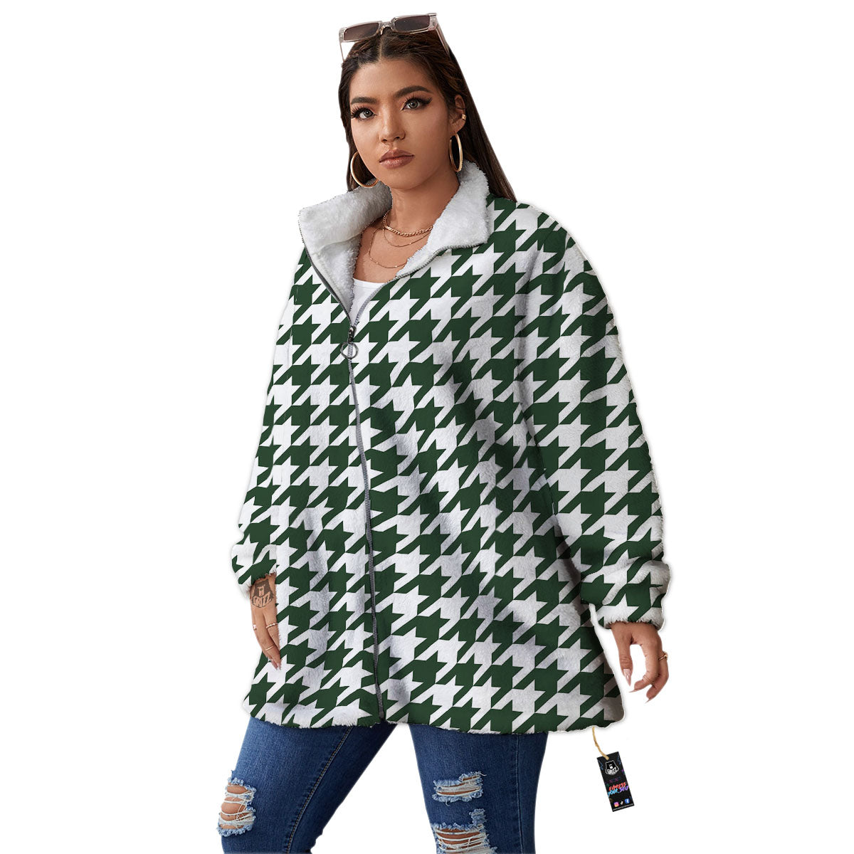 White Green Jungle Houndstooth Print Women's Sherpa Jacket-grizzshop