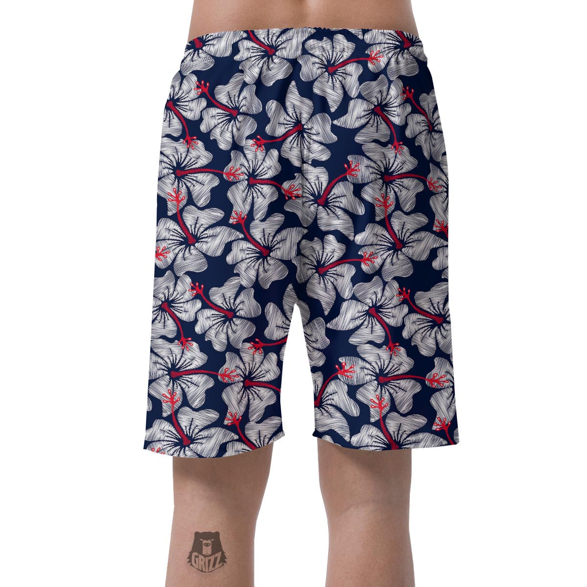 White Hibiscus Tropical Floral Hawaiian Print Men's Shorts-grizzshop