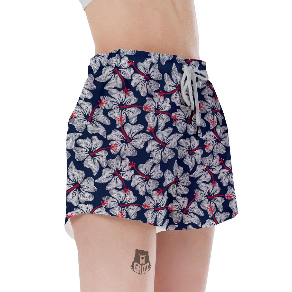 White Hibiscus Tropical Floral Hawaiian Print Women's Shorts-grizzshop