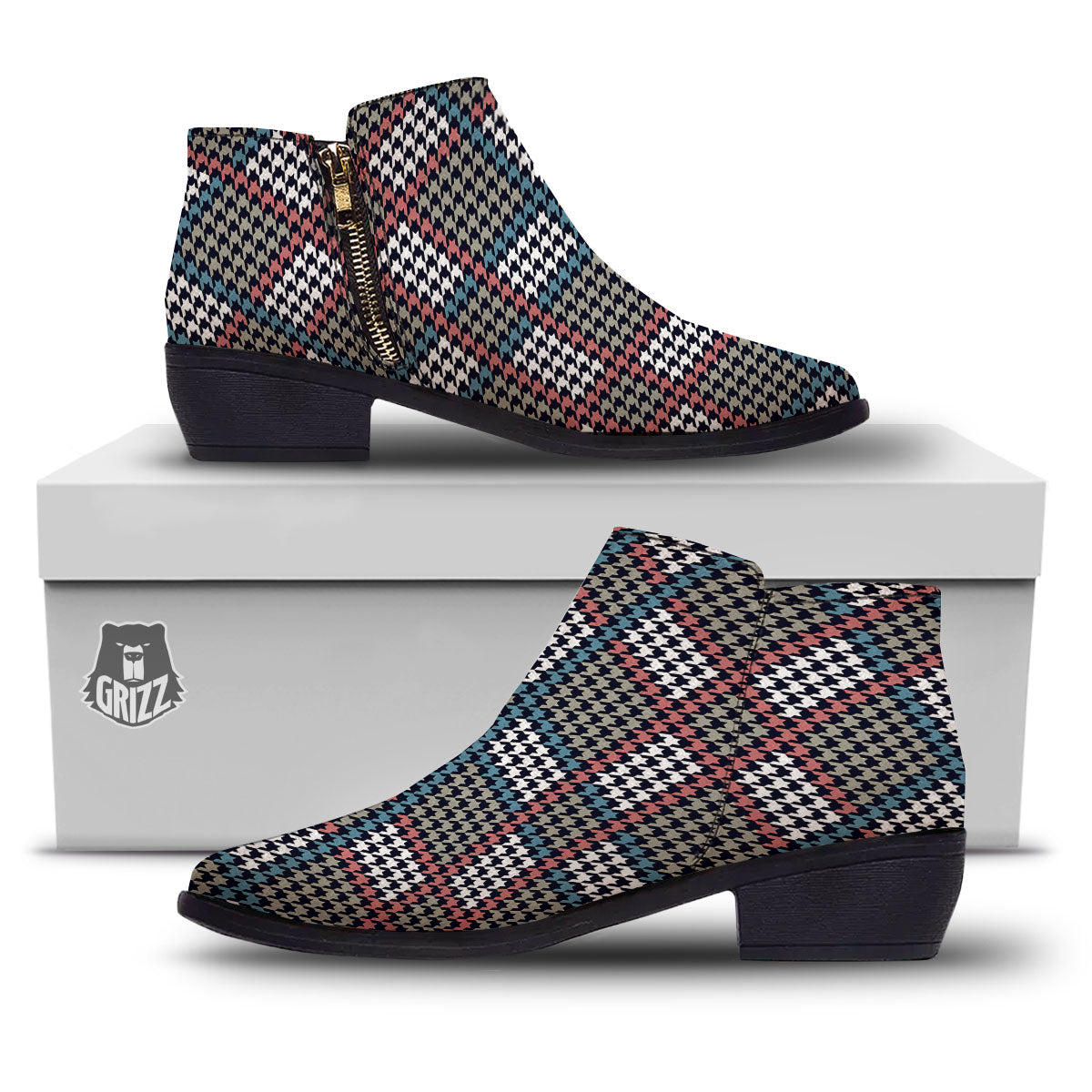 White Houndstooth And Blue Red Print Ankle Boots-grizzshop