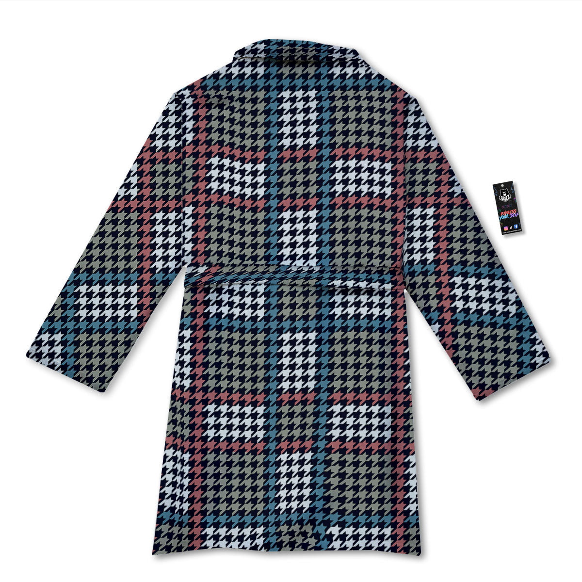 White Houndstooth And Blue Red Print Bathrobe-grizzshop