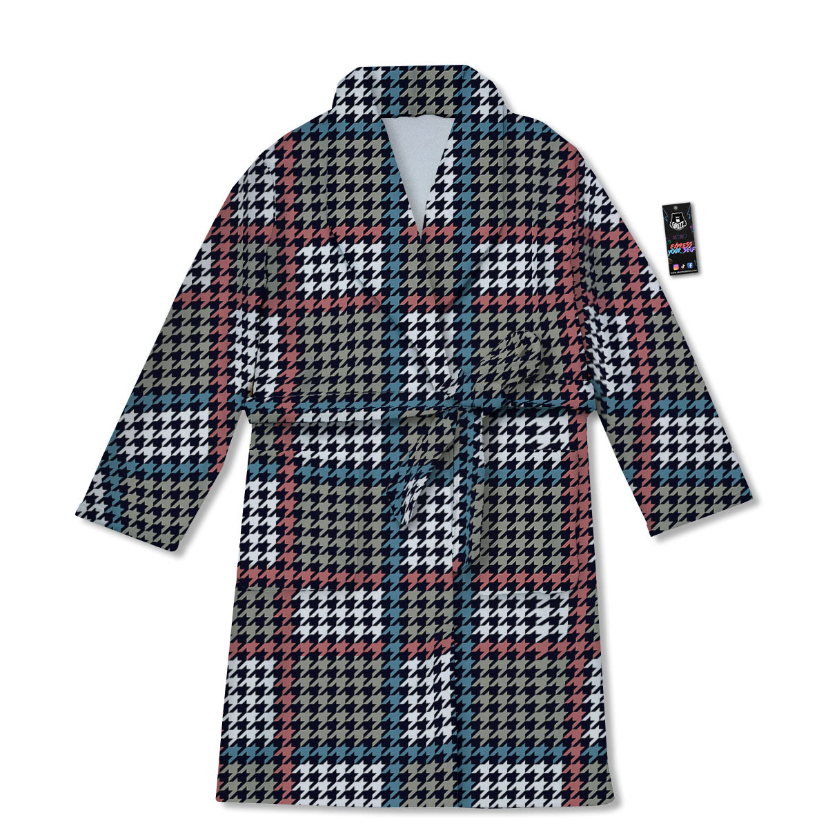 White Houndstooth And Blue Red Print Bathrobe-grizzshop