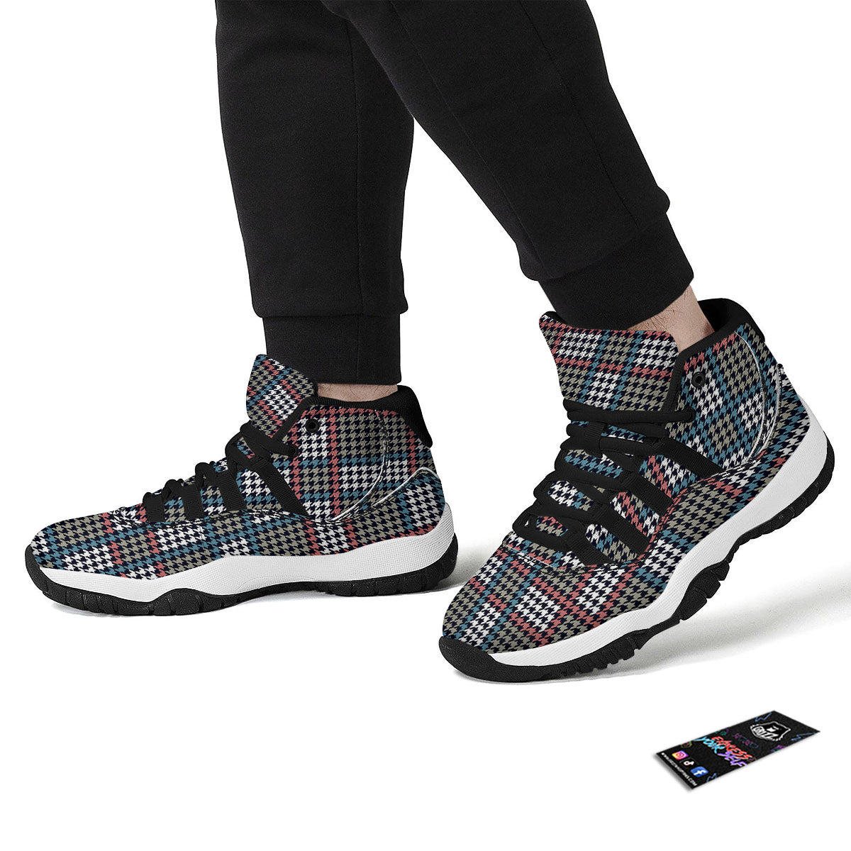 White Houndstooth And Blue Red Print Black Bball Shoes-grizzshop