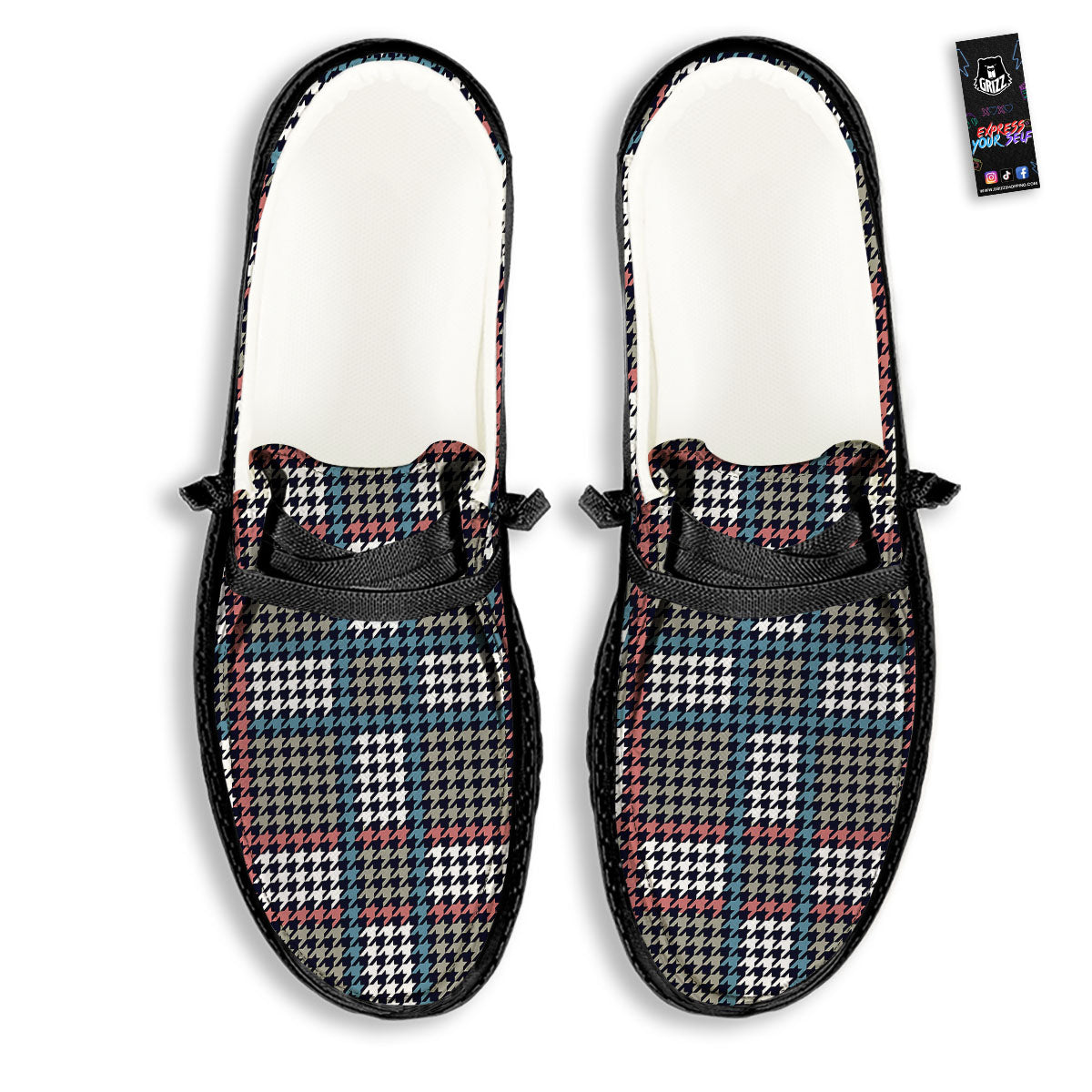 White Houndstooth And Blue Red Print Black Loafers-grizzshop