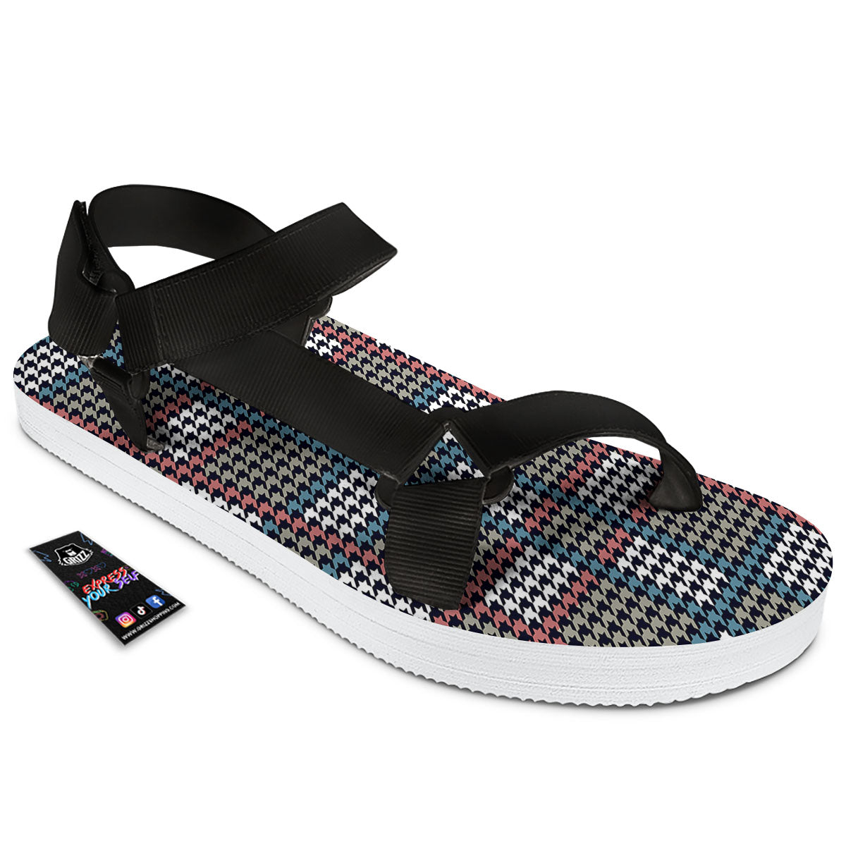 White Houndstooth And Blue Red Print Black Open Toe Sandals-grizzshop