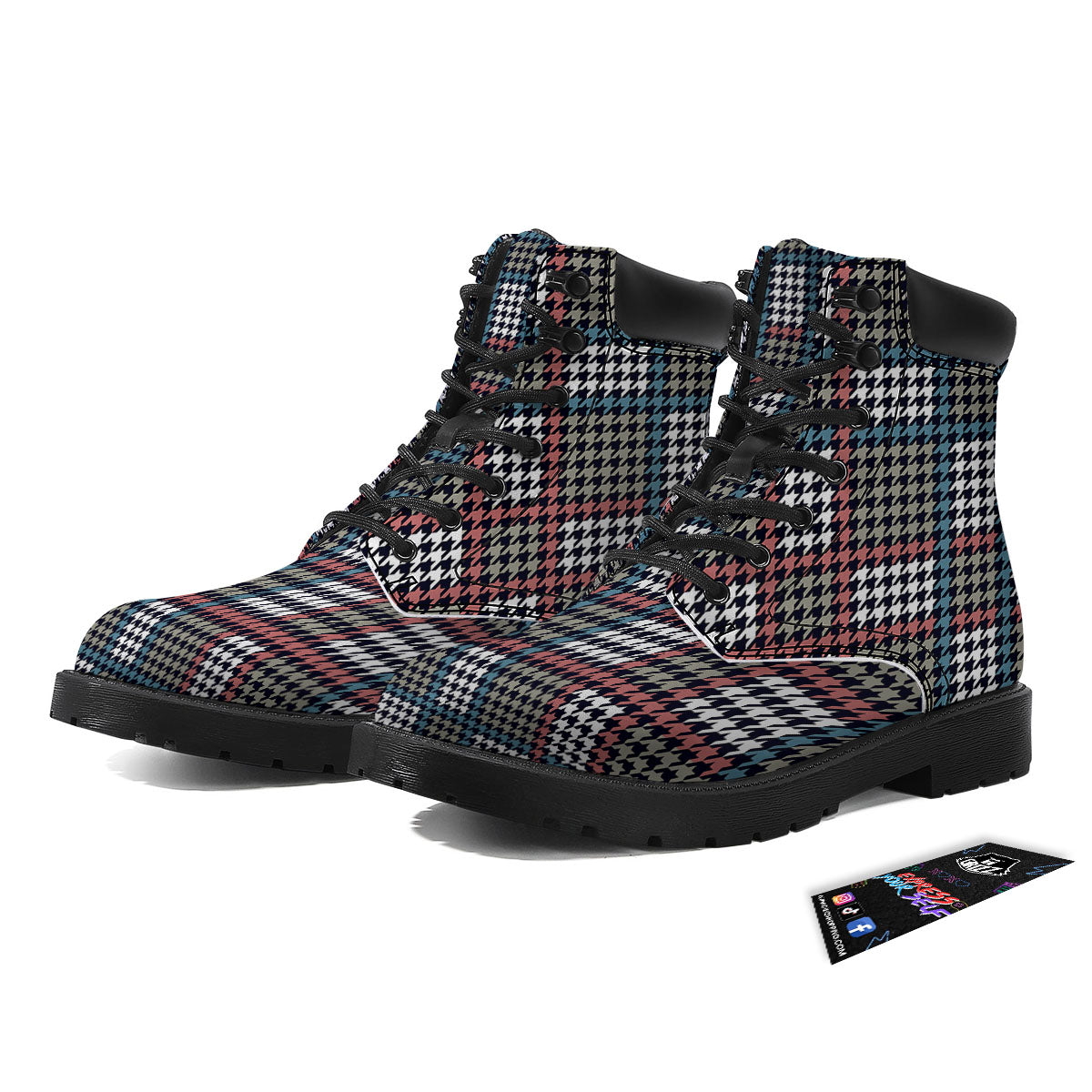 White Houndstooth And Blue Red Print Boots-grizzshop