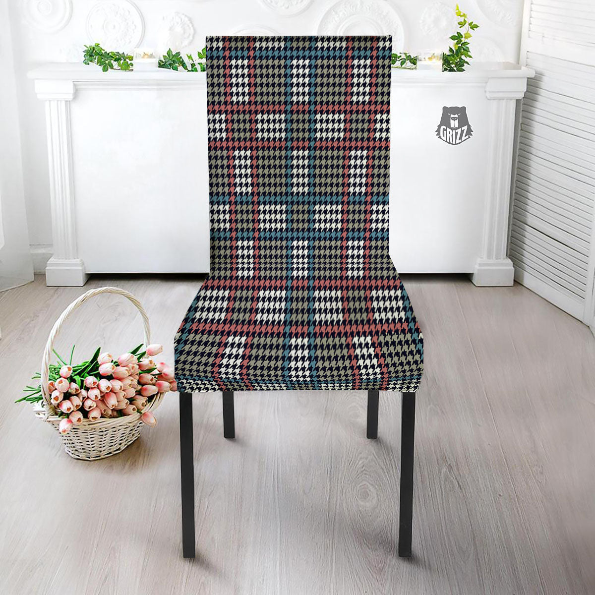 White Houndstooth And Blue Red Print Dining Chair Slipcover-grizzshop