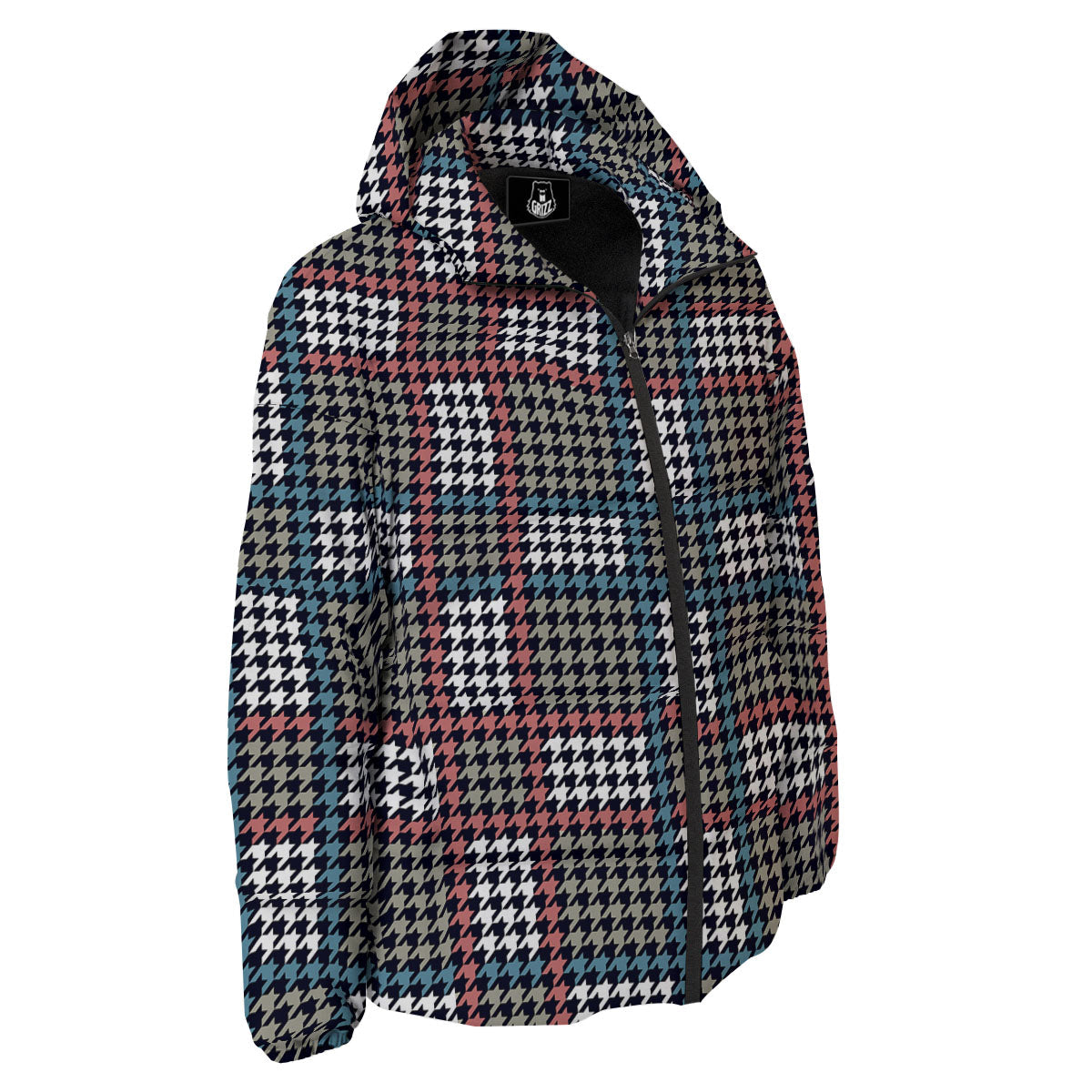 White Houndstooth And Blue Red Print Down Jacket-grizzshop