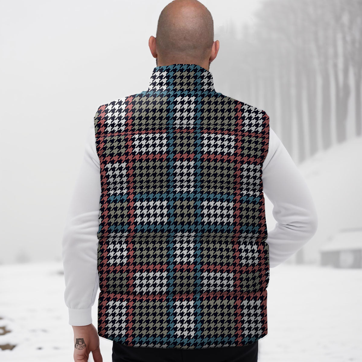 White Houndstooth And Blue Red Print Down Vest