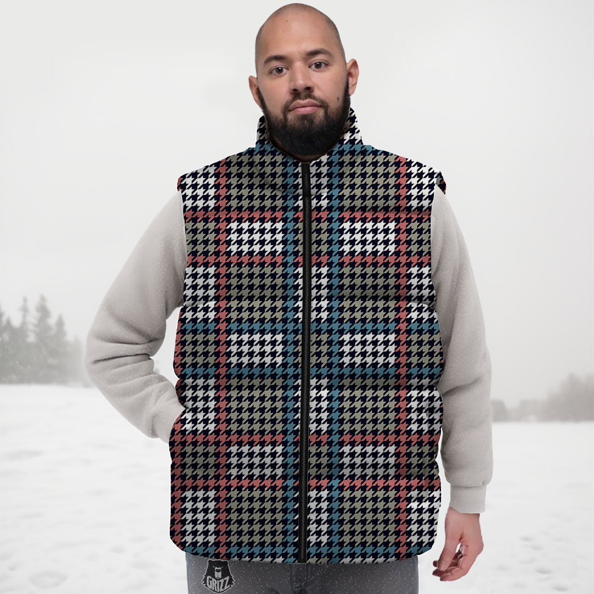 White Houndstooth And Blue Red Print Down Vest