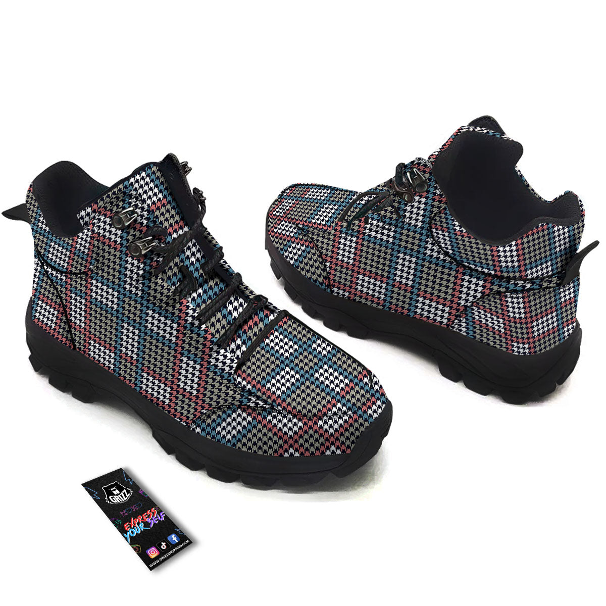 White Houndstooth And Blue Red Print Hiking Shoes-grizzshop