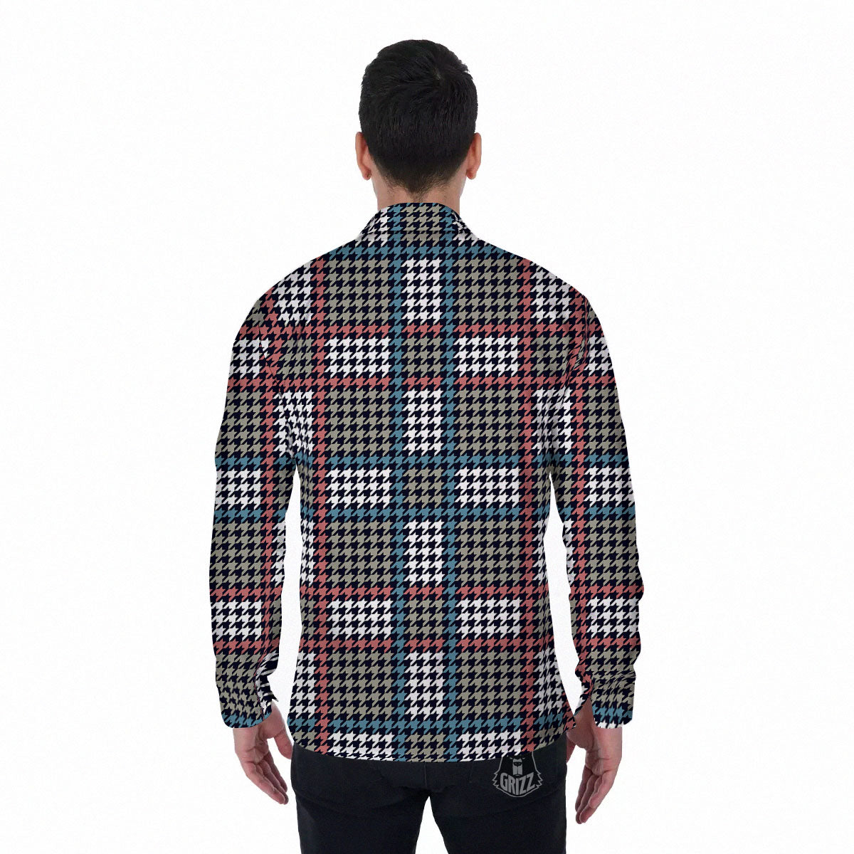 White Houndstooth And Blue Red Print Men's Long Sleeve Shirts-grizzshop