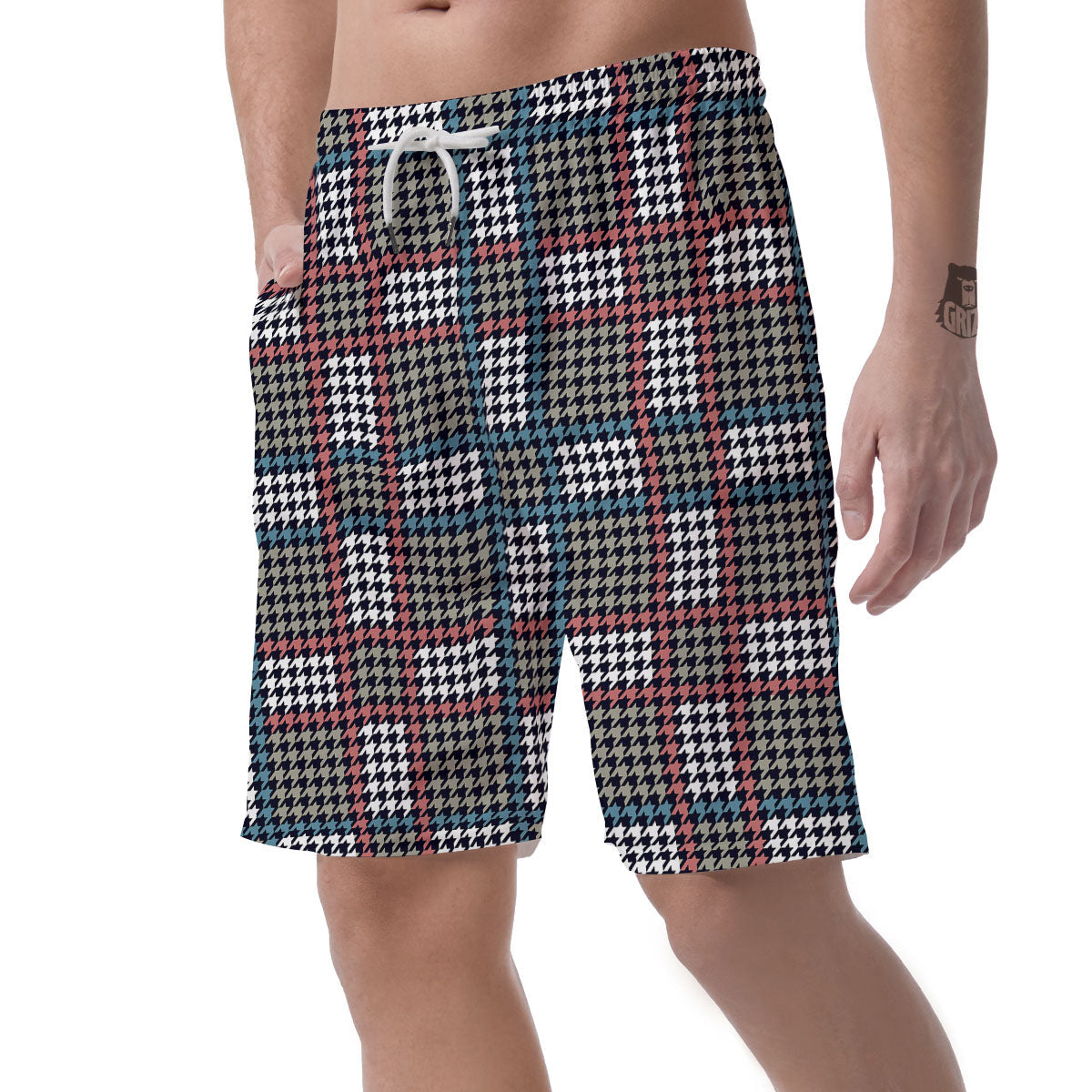 White Houndstooth And Blue Red Print Men's Shorts-grizzshop